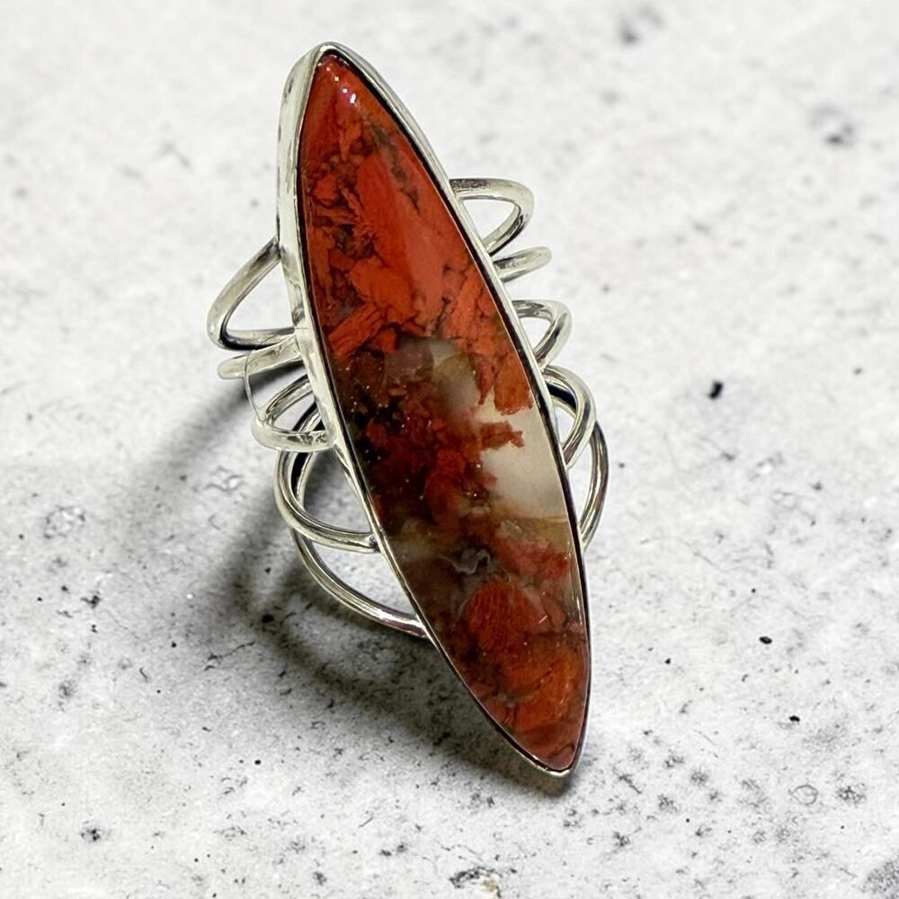 Marquise Red Jasper Ring 925 Silver Plated Boho Statement Ring Size 8